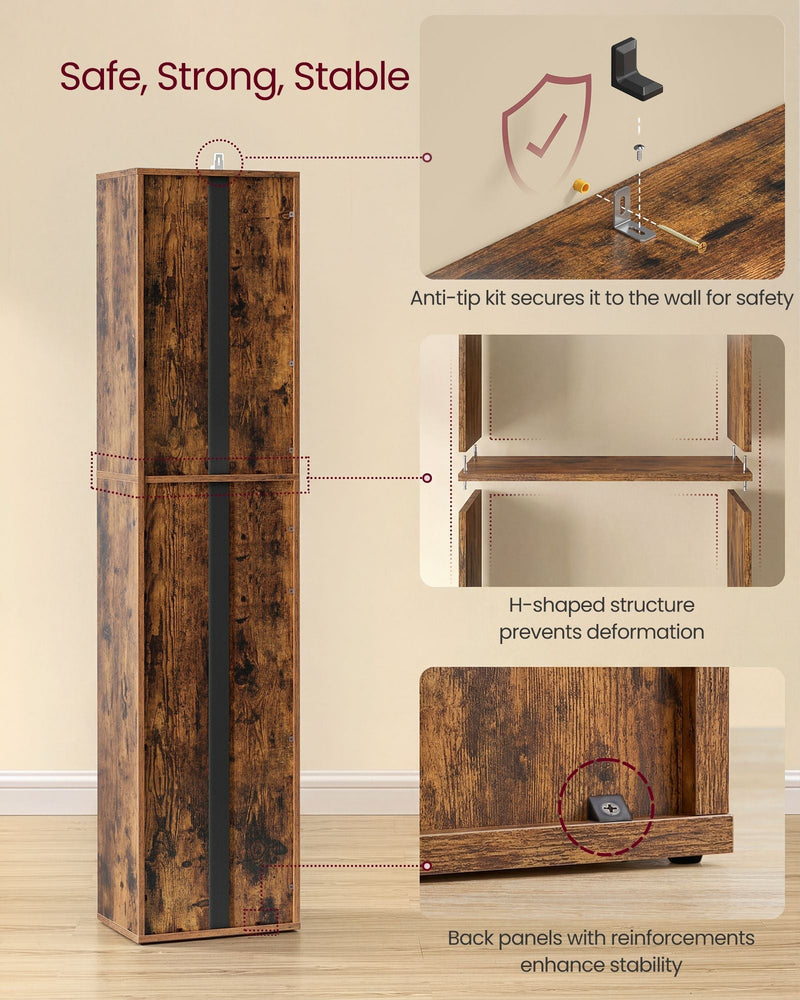Safety features of the bookcase: anti-tip wall-anchor kit, H-shaped frame structure and reinforced back panels
