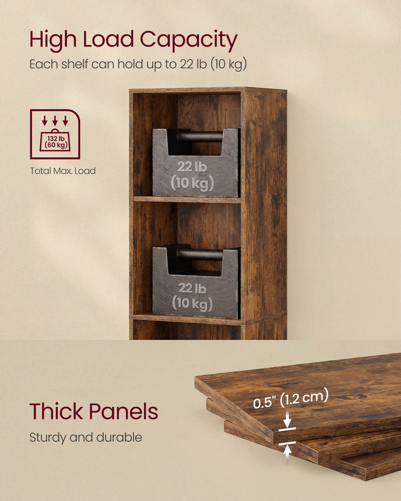 Per-shelf and total load capacity graphic next to a close-up of the 1.2 cm thick engineered wood panels