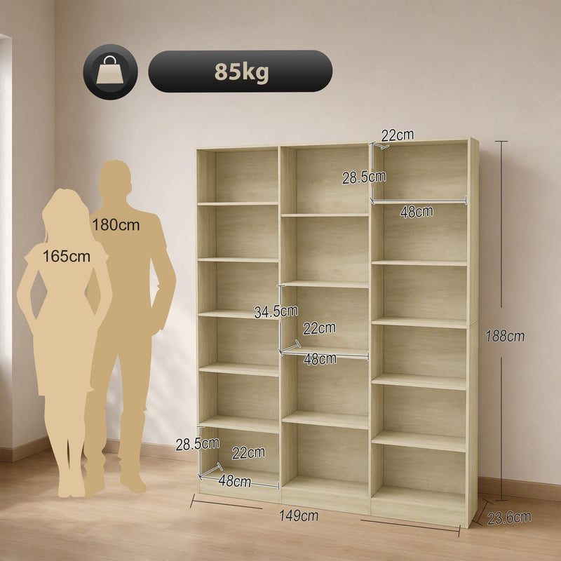 Dimension diagram showing 149W x 23.6D x 188H cm and compartment sizes