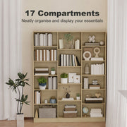 17 compartments labelled on the oak bookcase in a curtained living room