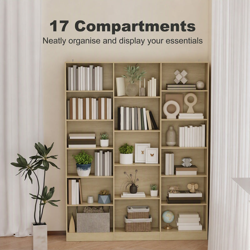 17 compartments labelled on the oak bookcase in a curtained living room