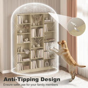 Anti-tipping wall-anchor hardware shown with a dog beside the bookcase