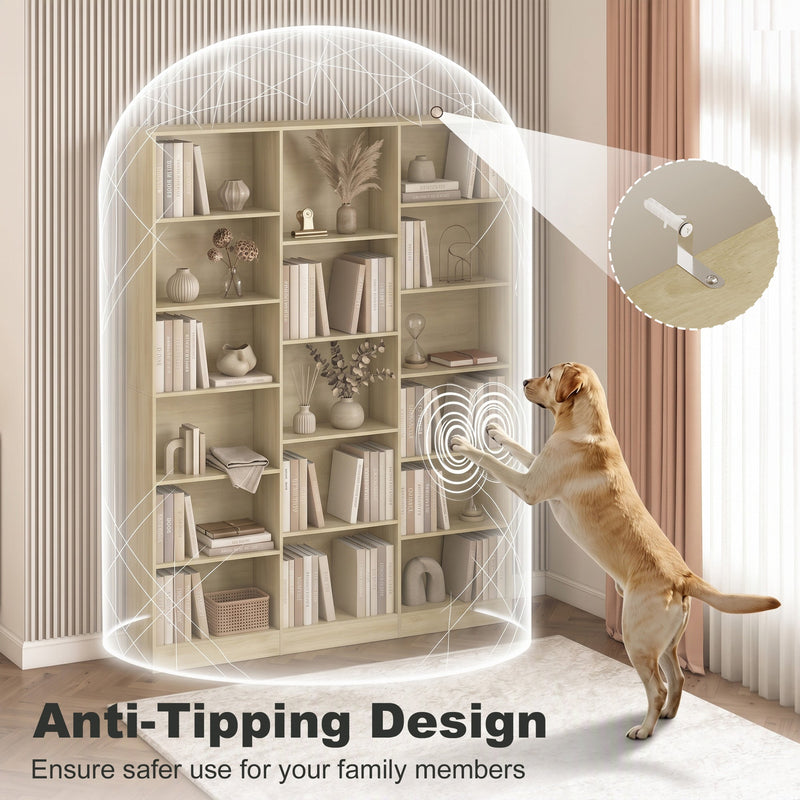 Anti-tipping wall-anchor hardware shown with a dog beside the bookcase