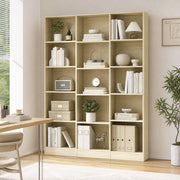 Oak bookcase styled with storage boxes and files in a home office