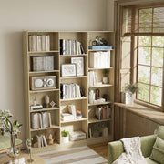 Oak bookcase in a living room corner beside a window seat