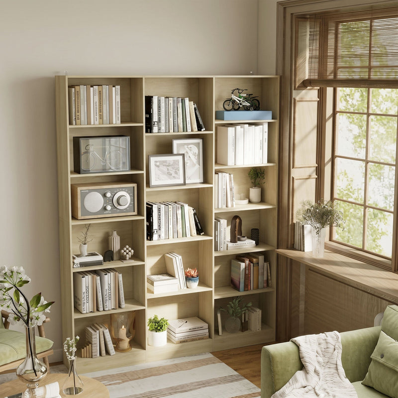 Oak bookcase in a living room corner beside a window seat