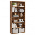6 tier open storage shelving unit in rustic brown styled with books, boxes and decor