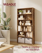 Lifestyle photo of the rustic brown shelving unit against a living room wall