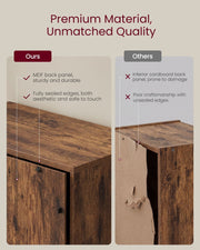 Close-up comparing the unit's sealed MDF back panel with an inferior cardboard back panel