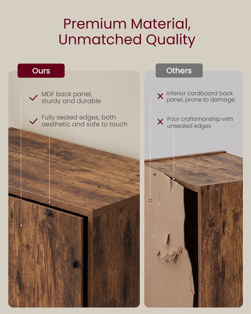 Close-up comparing the unit's sealed MDF back panel with an inferior cardboard back panel