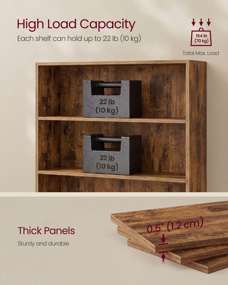 Diagram showing each shelf holds up to 10 kg, a 70 kg total load capacity, and 1.2 cm thick panels