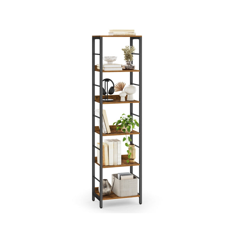 6 tier rustic brown and black bookcase by Vasagle, full front view