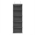 Grey 6-tier hanging wardrobe organiser, folded flat, studio product shot