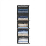 Grey 6-tier hanging wardrobe organiser with folded jumpers, jeans and shirts on each shelf