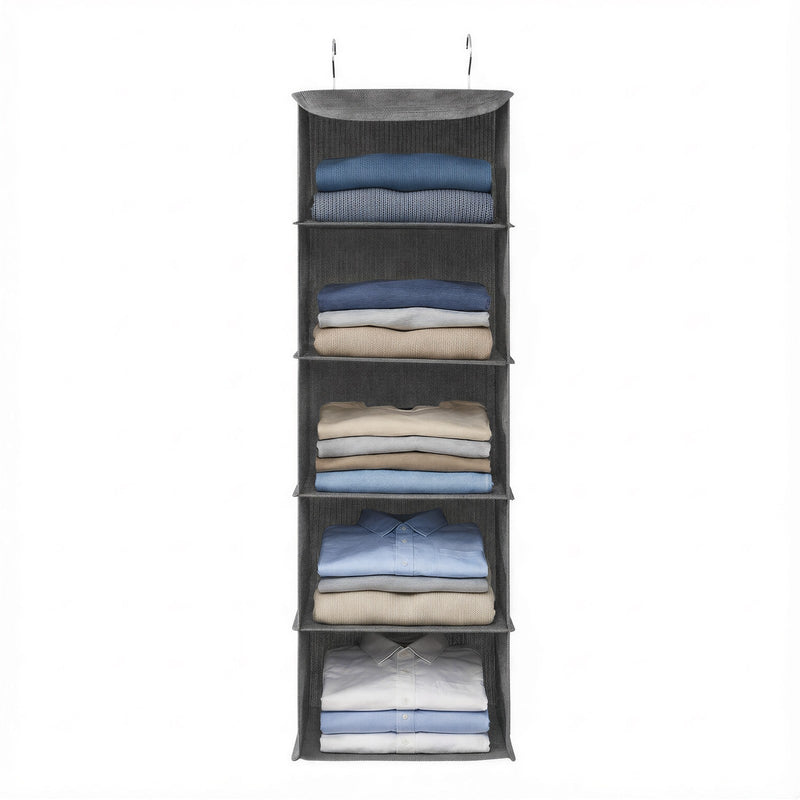 Grey 6-tier hanging wardrobe organiser with folded jumpers, jeans and shirts on each shelf