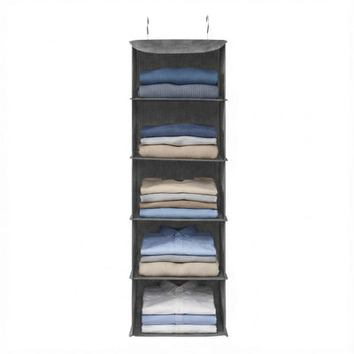 Grey 6-tier hanging wardrobe organiser with folded jumpers, jeans and shirts on each shelf