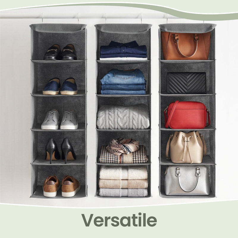 Three grey hanging wardrobe organisers side by side storing shoes, clothes and bags