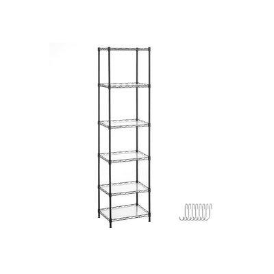 Studio product shot of the Songmics 6-tier wire shelving unit in ink black with S-hooks shown beside it
