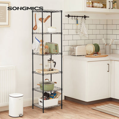 Lifestyle photo of the shelving unit holding kitchen items such as a toaster, jars and cookware, with the Songmics logo