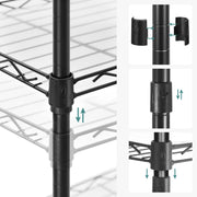 Close-up detail shots of the adjustable shelf connector mechanism sliding up and down the post