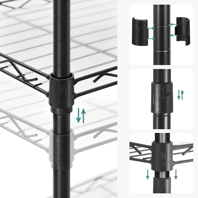 Close-up detail shots of the adjustable shelf connector mechanism sliding up and down the post