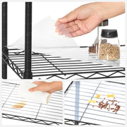 Close-up demo of the non-slip shelf liner being peeled onto a shelf and wiped clean of a spill