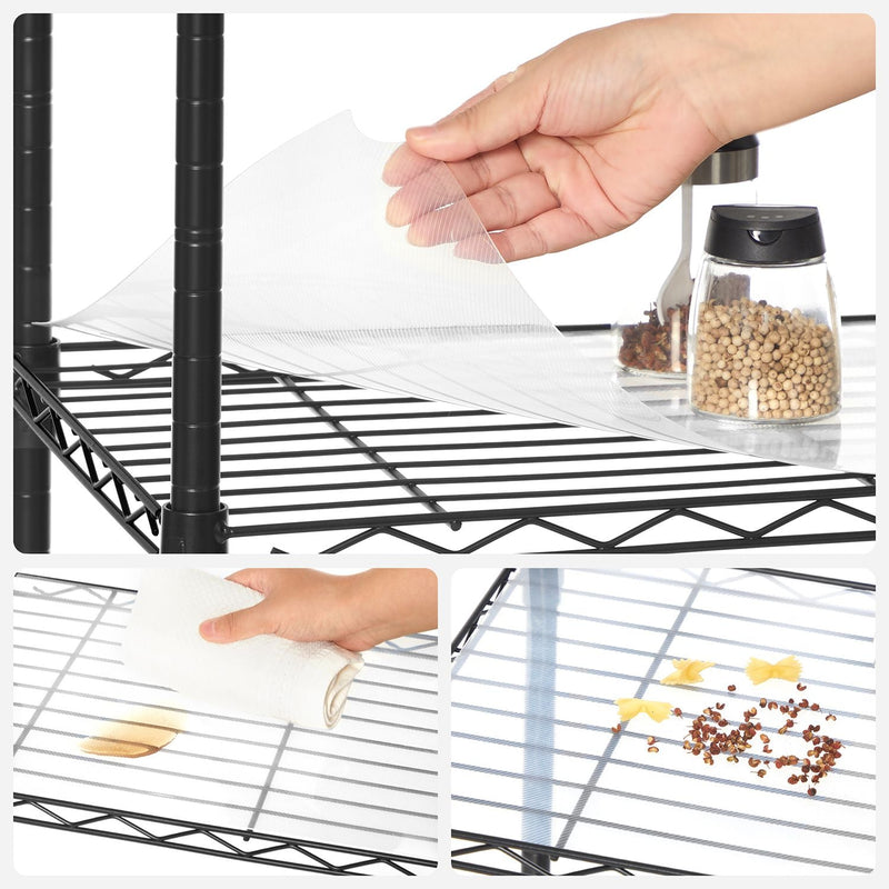 Close-up demo of the non-slip shelf liner being peeled onto a shelf and wiped clean of a spill