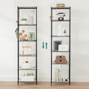 Lifestyle photo of two shelving units side by side styled with kitchen and living room items, showing adjustable shelf height