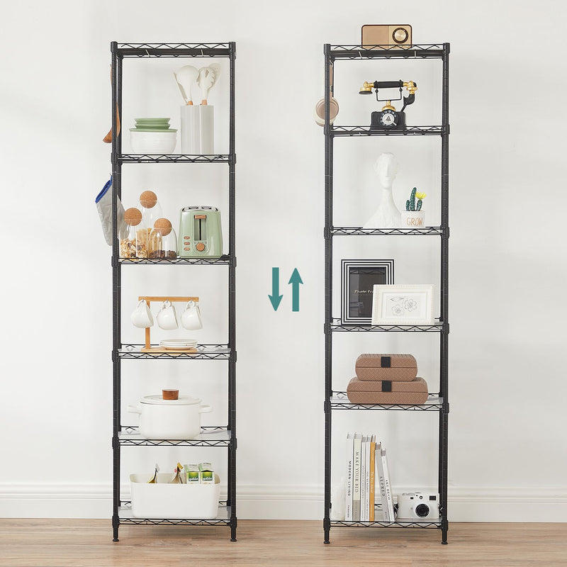 Lifestyle photo of two shelving units side by side styled with kitchen and living room items, showing adjustable shelf height