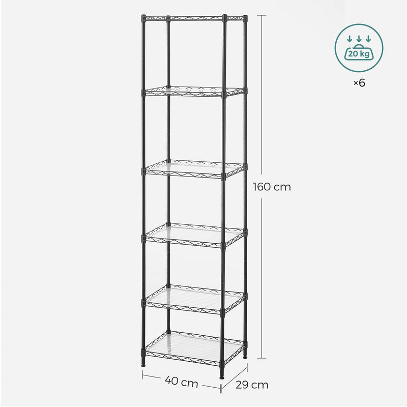 Labelled dimensions diagram showing the unit at 40 cm wide, 29 cm deep and 160 cm tall with a 20 kg per shelf weight icon