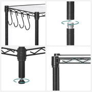 Close-up detail shots of the S-hooks, foot levellers and shelf-to-post connectors