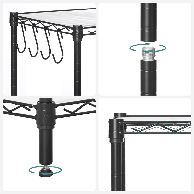 Close-up detail shots of the S-hooks, foot levellers and shelf-to-post connectors
