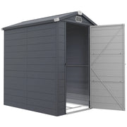 Image of a 4 x 6 foot plastic garden shed with an apex roof and a white door