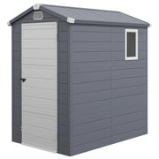 Image of a 4 x 6 foot plastic garden shed with an apex roof and a white door