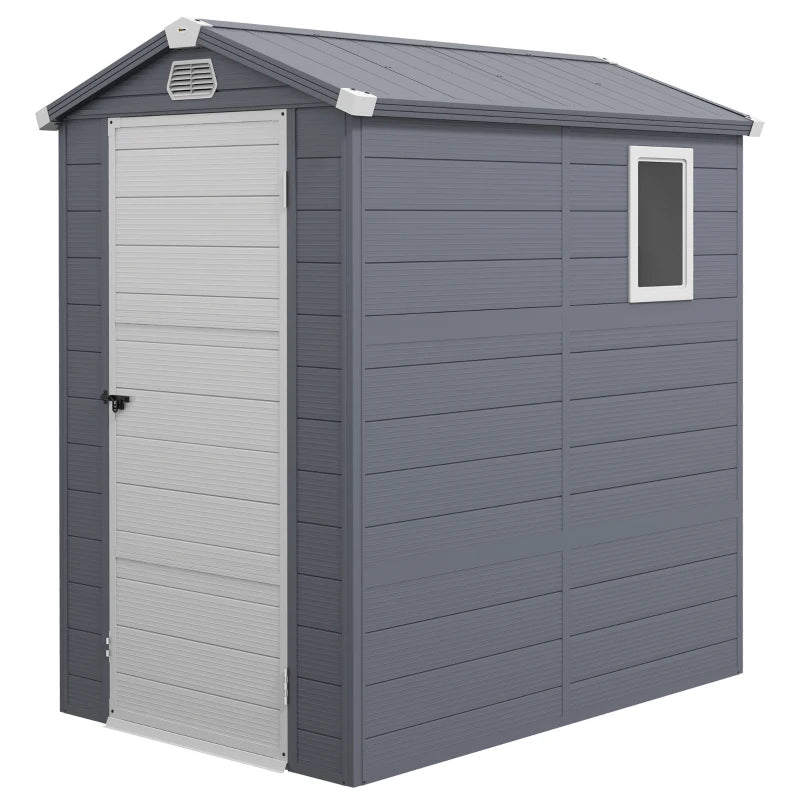 Image of a 4 x 6 foot plastic garden shed with an apex roof and a white door