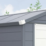 Image of a 4 x 6 foot plastic garden shed with an apex roof and a white door