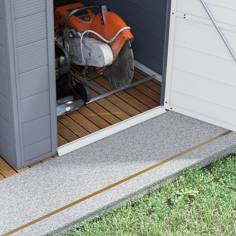 Image of a 4 x 6 foot plastic garden shed with an apex roof and a white door