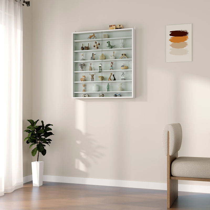 White 7 Tier Wall Display Cabinet with Glass Doors and Adjustable Shelves by HOMCOM