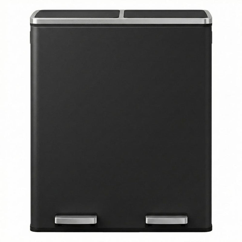Front view of the black 60L dual compartment pedal bin with two foot pedals