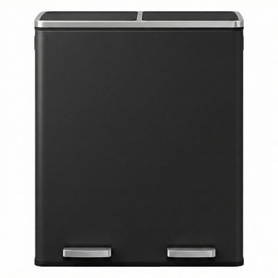 Front view of the black 60L dual compartment pedal bin with two foot pedals