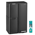 Black 60 L stainless steel recycling bin with three compartments and a foot pedal, beside a pack of bin liners