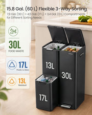Graphic of the 30 L food waste, 17 L plastic and glass, and 13 L residual compartments in the black bin