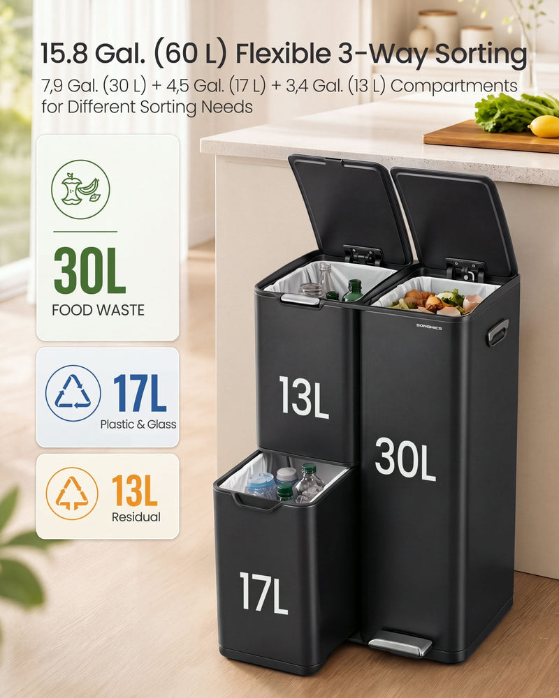 Graphic of the 30 L food waste, 17 L plastic and glass, and 13 L residual compartments in the black bin