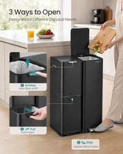 Three ways to open the bin: press the lid, pull the lower drawer or step on the pedal