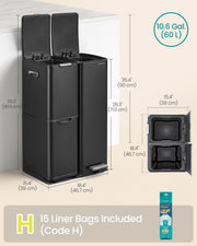 Dimensions diagram of the recycling bin showing 46.7 cm width, 39 cm depth and 71.9 cm height with 15 liner bags included