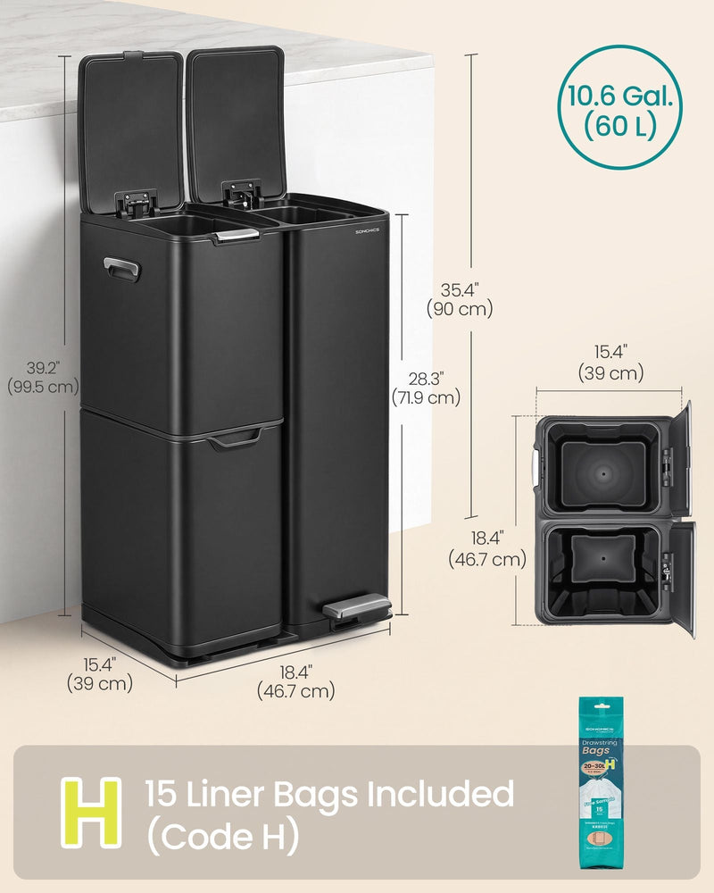 Dimensions diagram of the recycling bin showing 46.7 cm width, 39 cm depth and 71.9 cm height with 15 liner bags included