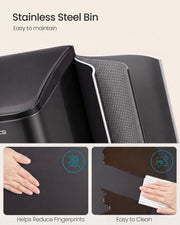 Close-up of the black stainless steel finish with fingerprint-resistant and easy-clean callouts