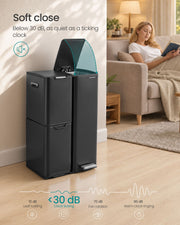 Soft-close lid graphic showing closing noise below 30 dB beside a living room scene