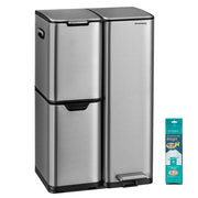 Silver stainless steel 60 L recycling bin with three compartments and a pack of liners