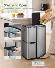 Three ways to open the recycling bin, press, pull and foot pedal